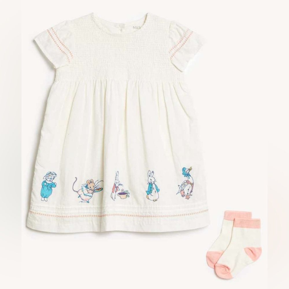 Marks & Spencer NWT dress and socks set 3-6 months baby girls Peter Rabbit smock